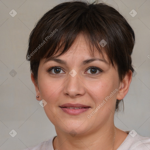 Joyful white adult female with medium  brown hair and brown eyes