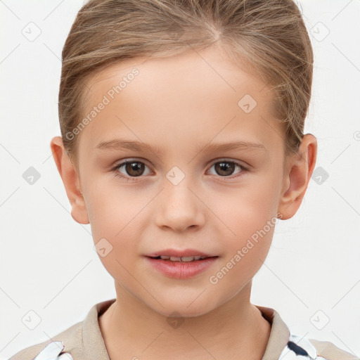 Joyful white child female with short  brown hair and brown eyes