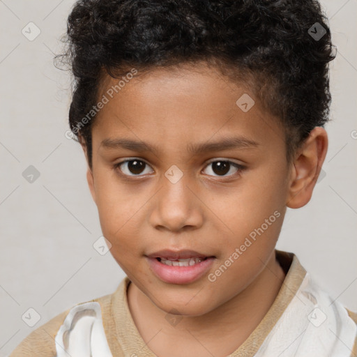 Joyful white child male with short  brown hair and brown eyes