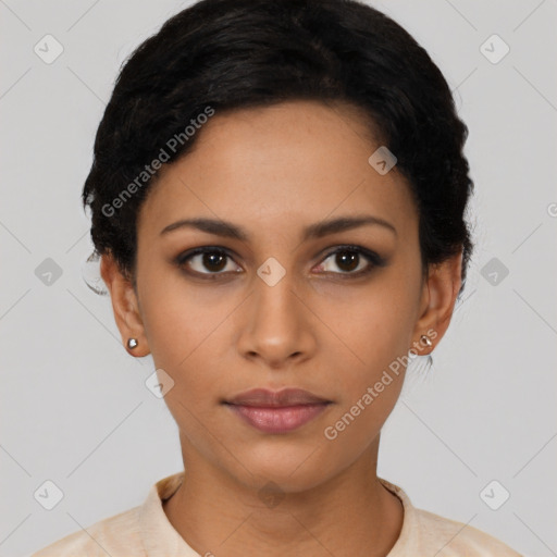 Neutral latino young-adult female with short  black hair and brown eyes