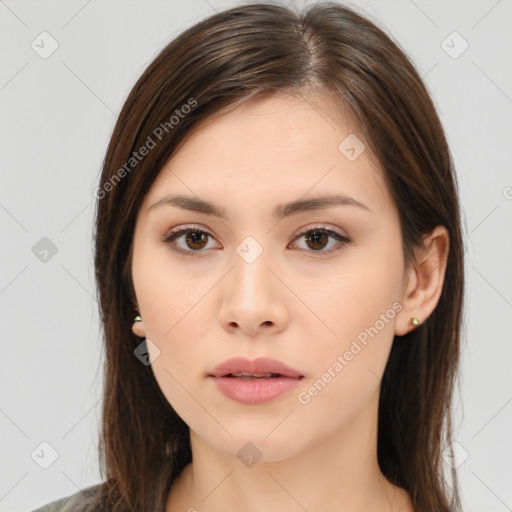 Neutral white young-adult female with medium  brown hair and brown eyes