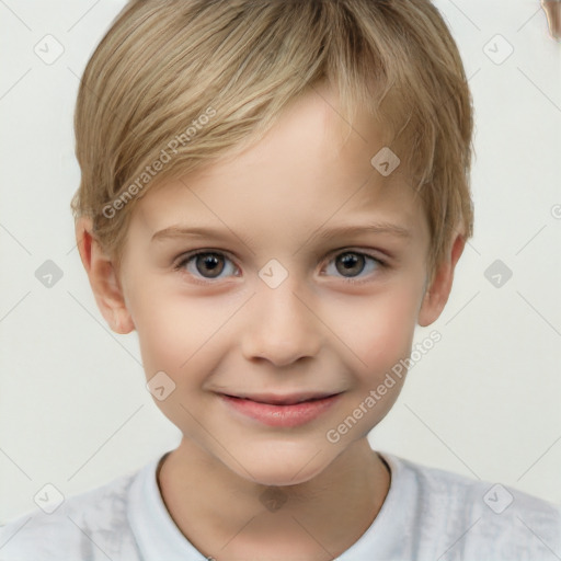 Joyful white child female with short  brown hair and grey eyes