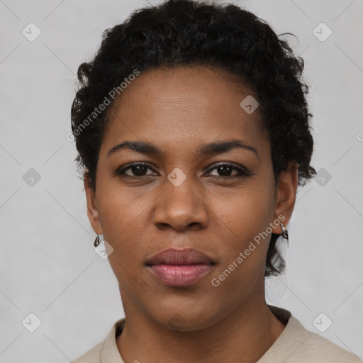 Neutral black young-adult female with short  black hair and brown eyes