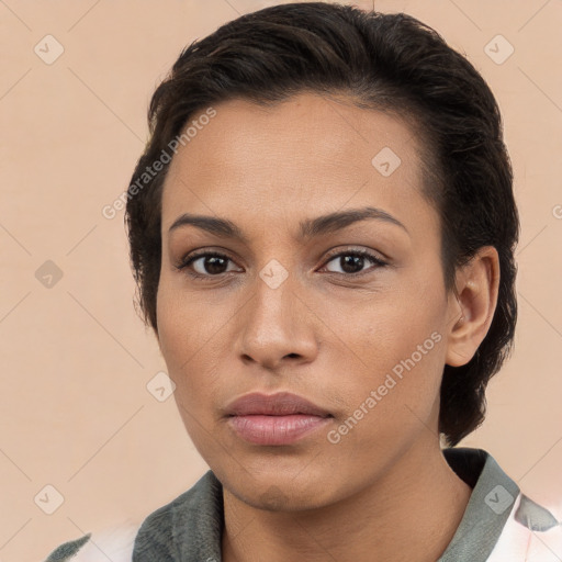 Neutral white young-adult female with medium  brown hair and brown eyes