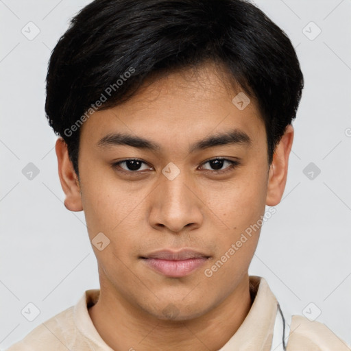 Neutral asian young-adult male with short  brown hair and brown eyes
