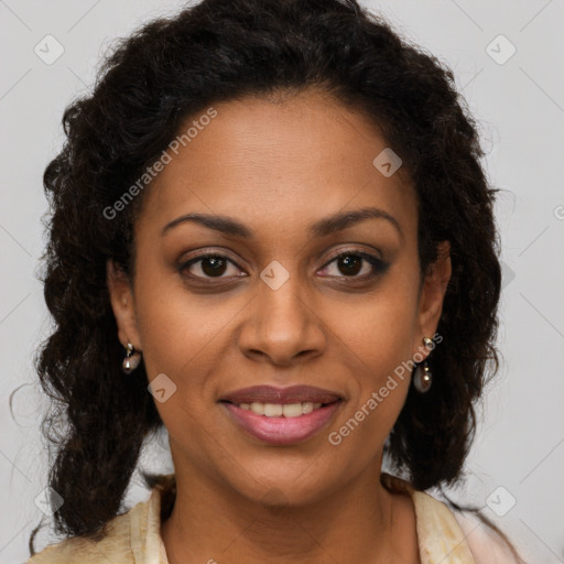 Joyful black young-adult female with medium  brown hair and brown eyes