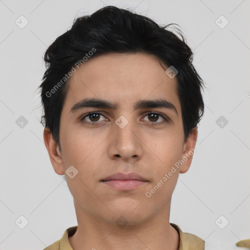 Neutral asian young-adult male with short  black hair and brown eyes