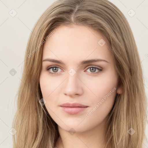 Neutral white young-adult female with long  brown hair and brown eyes