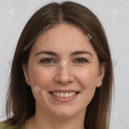 Joyful white young-adult female with long  brown hair and grey eyes