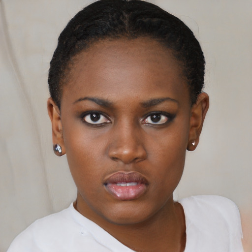 Neutral black young-adult female with short  black hair and brown eyes