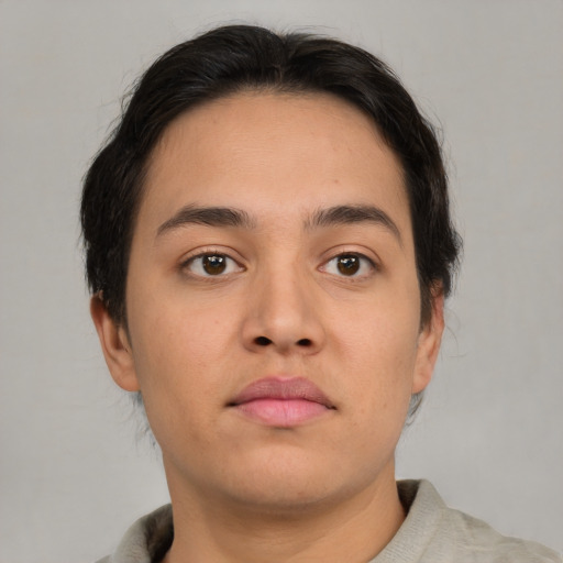 Neutral asian young-adult male with short  brown hair and brown eyes