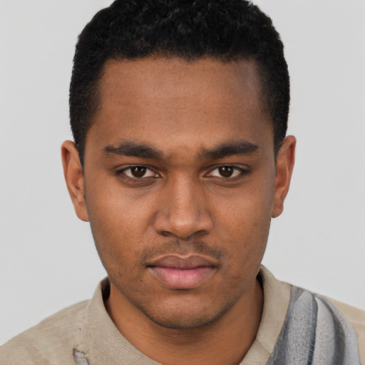 Neutral black young-adult male with short  black hair and brown eyes