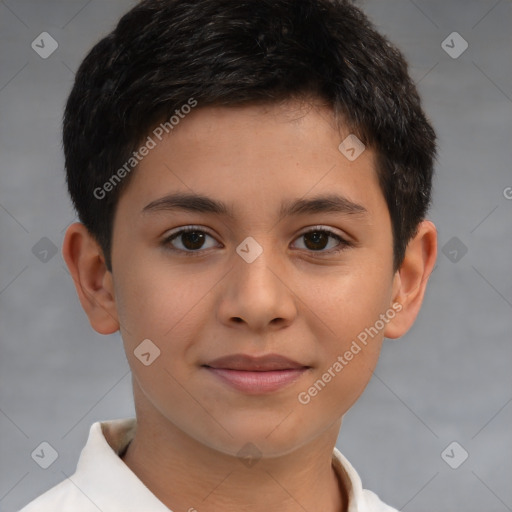 Joyful white child male with short  brown hair and brown eyes