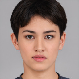 Neutral white young-adult female with short  brown hair and brown eyes