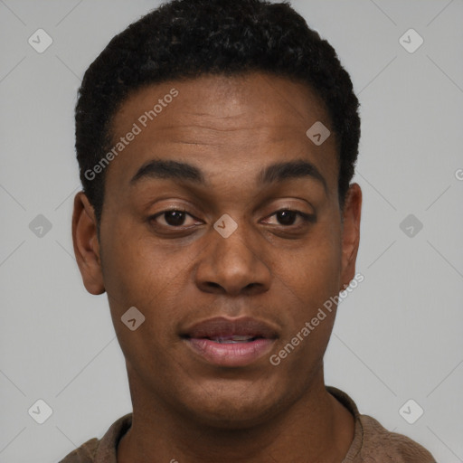 Neutral black young-adult male with short  black hair and brown eyes