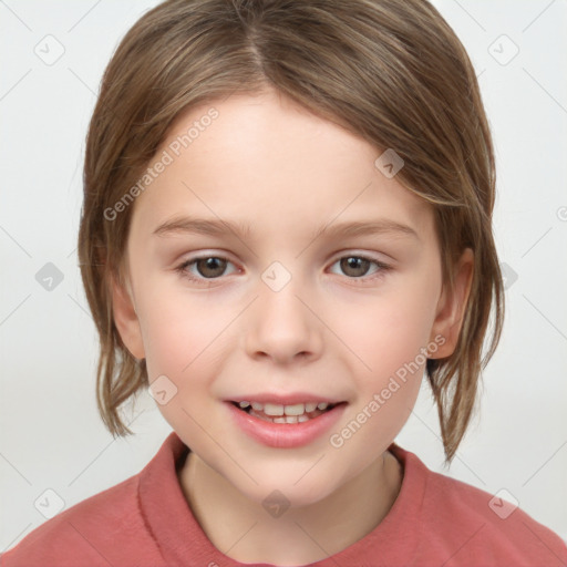 Joyful white child female with medium  brown hair and brown eyes