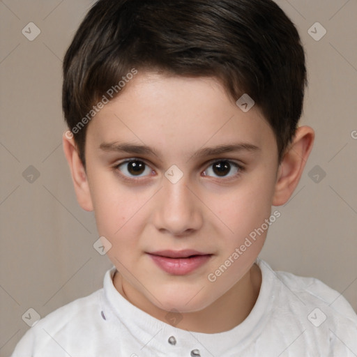 Joyful white child female with short  brown hair and brown eyes