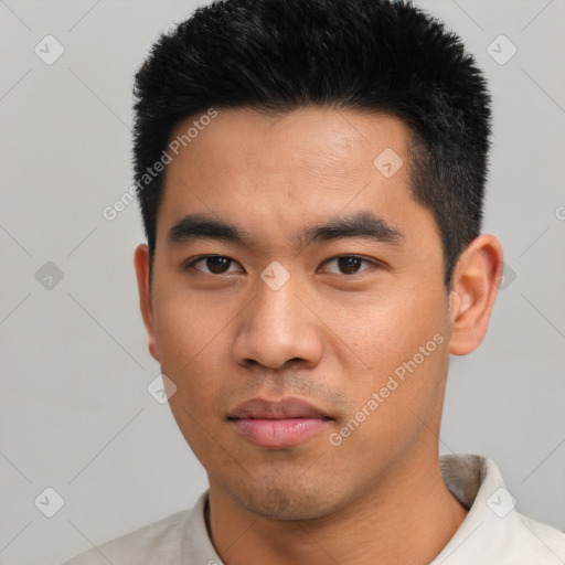 Neutral asian young-adult male with short  black hair and brown eyes