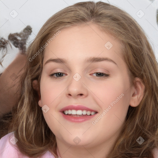 Joyful white child female with medium  brown hair and brown eyes