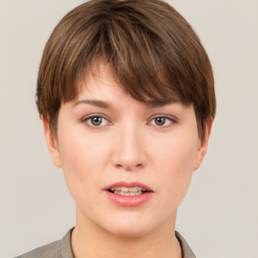 Neutral white young-adult female with short  brown hair and brown eyes