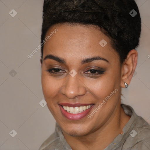 Joyful latino young-adult female with short  brown hair and brown eyes