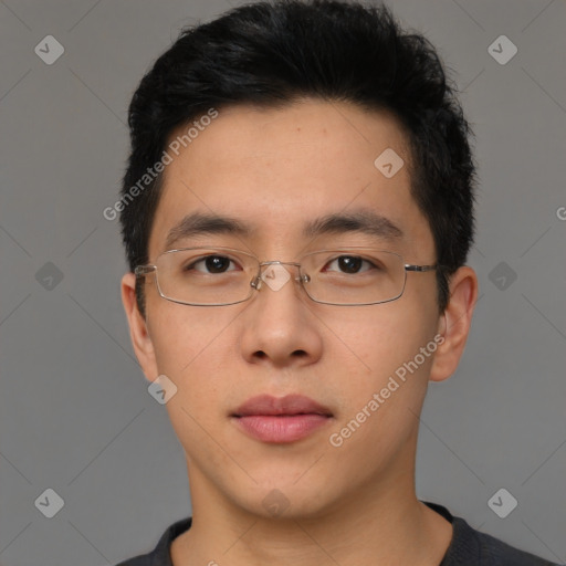 Neutral asian young-adult male with short  brown hair and brown eyes