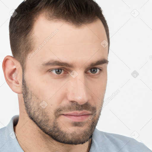 Neutral white young-adult male with short  brown hair and brown eyes