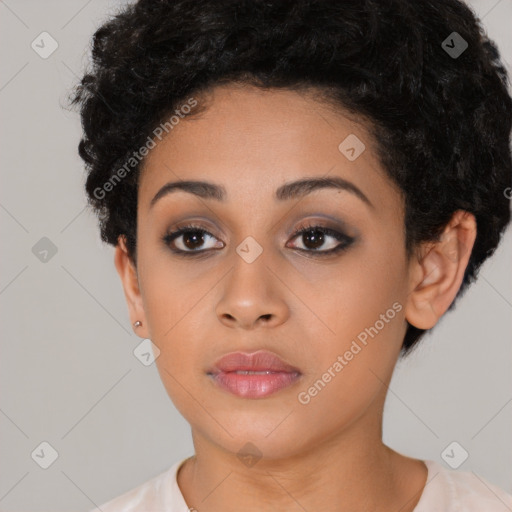 Neutral latino young-adult female with short  black hair and brown eyes