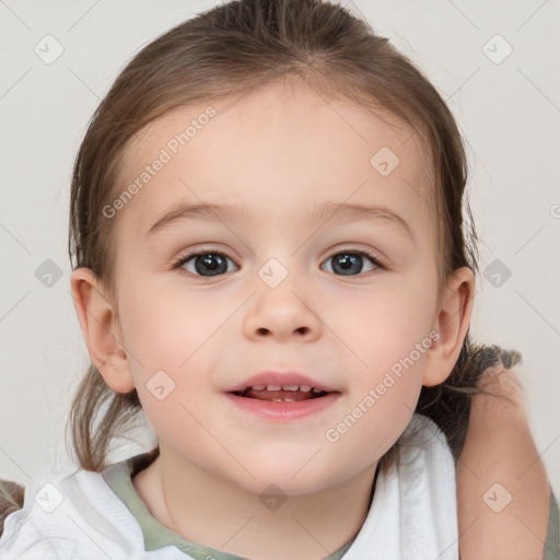 Joyful white child female with medium  brown hair and brown eyes