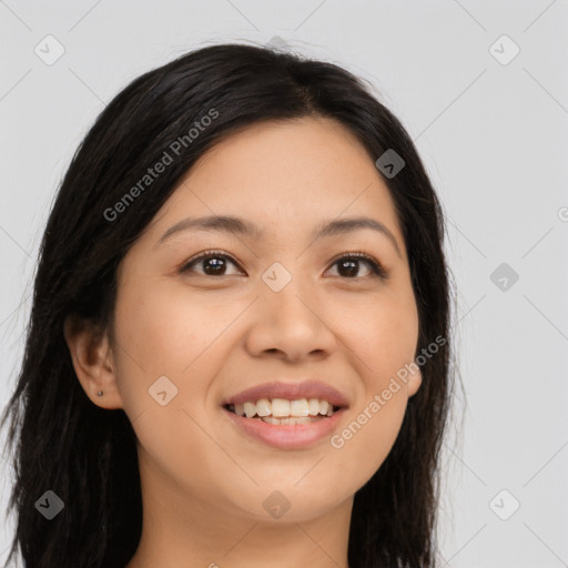 Joyful asian young-adult female with long  brown hair and brown eyes