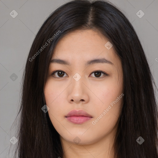 Neutral asian young-adult female with long  brown hair and brown eyes