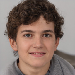 Joyful white young-adult male with medium  brown hair and brown eyes