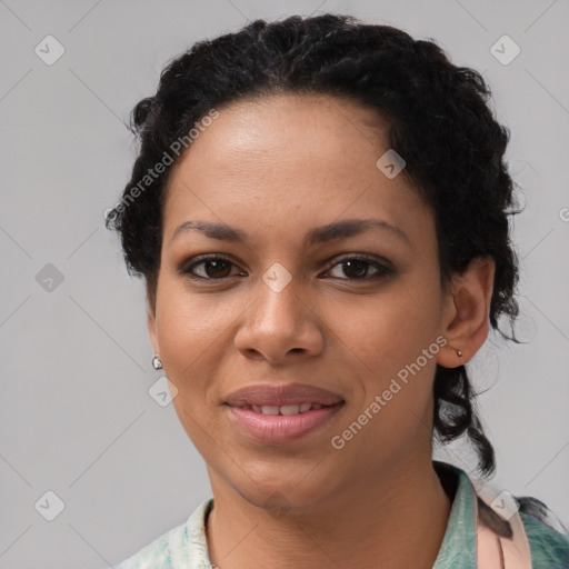 Joyful latino young-adult female with short  brown hair and brown eyes