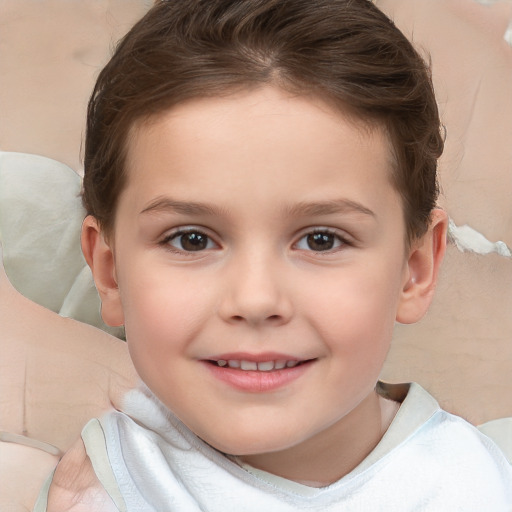 Joyful white child female with short  brown hair and brown eyes