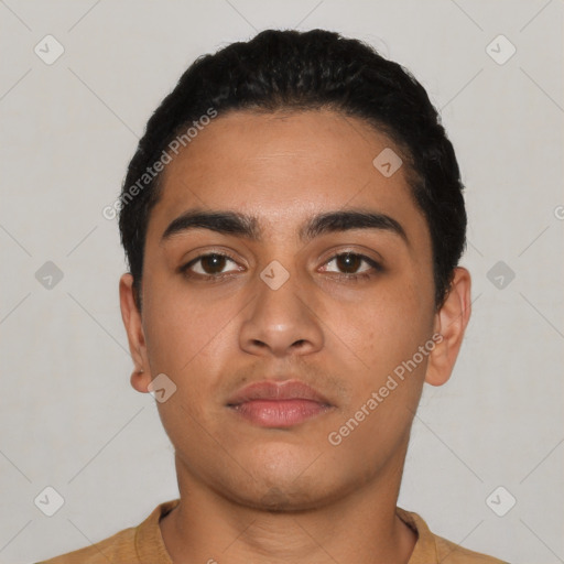 Neutral latino young-adult male with short  black hair and brown eyes