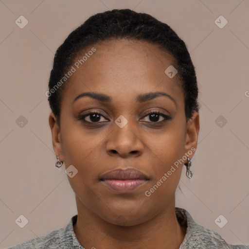 Neutral black young-adult female with short  black hair and brown eyes