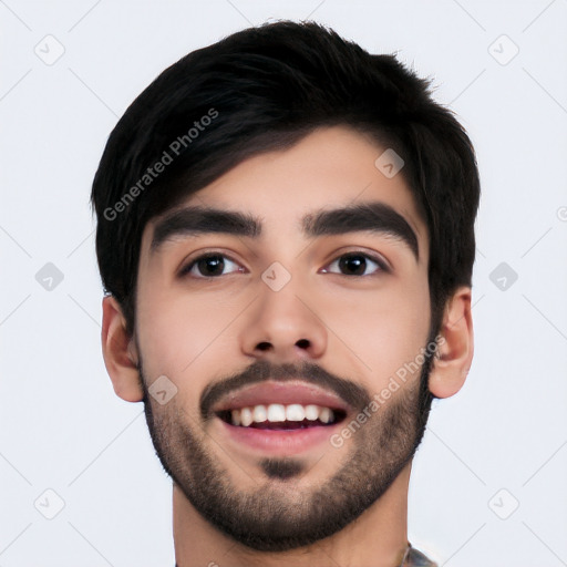 Joyful white young-adult male with short  black hair and brown eyes