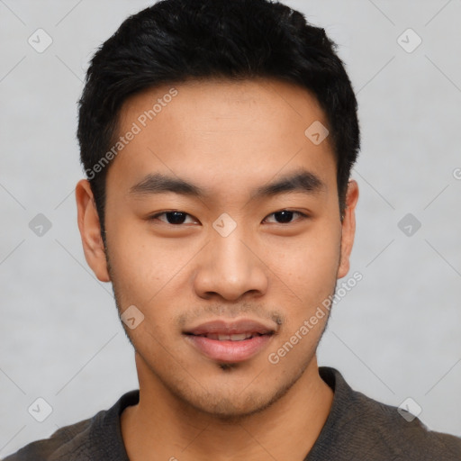 Neutral asian young-adult male with short  black hair and brown eyes