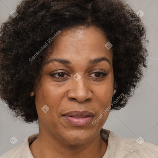 Joyful black adult female with short  brown hair and brown eyes