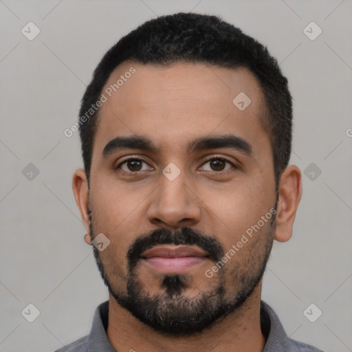 Neutral latino young-adult male with short  black hair and brown eyes