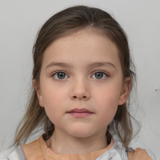 Neutral white child female with medium  brown hair and grey eyes