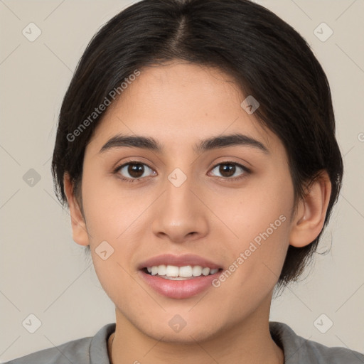 Joyful white young-adult female with medium  brown hair and brown eyes