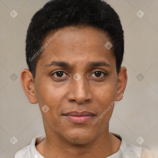 Joyful black young-adult male with short  black hair and brown eyes