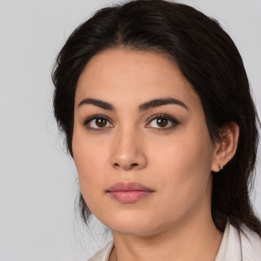 Neutral white young-adult female with medium  black hair and brown eyes