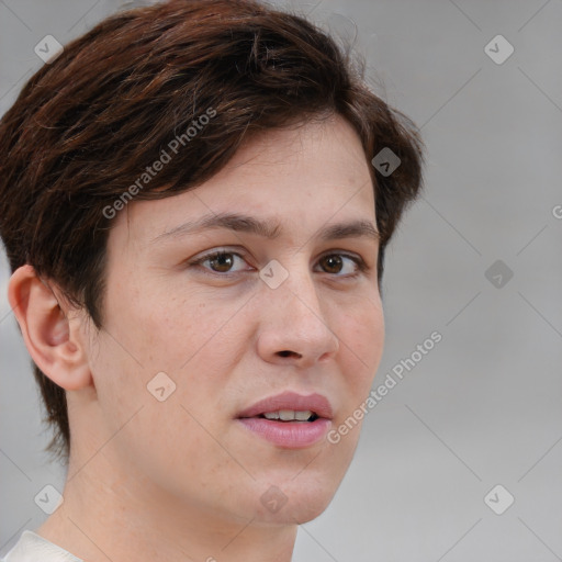 Joyful white adult female with medium  brown hair and brown eyes