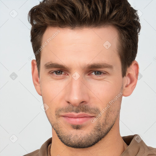 Neutral white young-adult male with short  brown hair and brown eyes