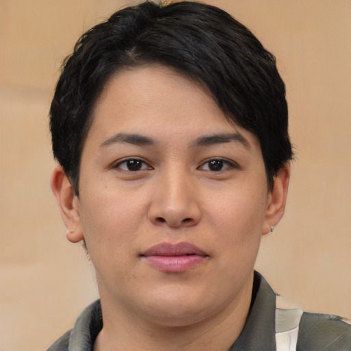 Neutral asian young-adult female with short  black hair and brown eyes