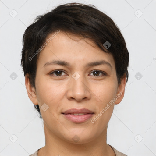 Joyful white young-adult female with short  brown hair and brown eyes