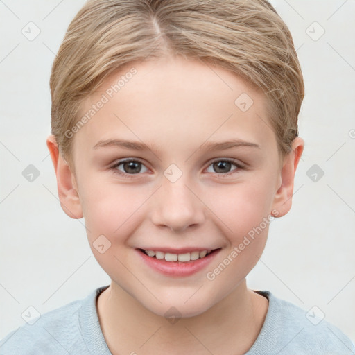 Joyful white child female with short  brown hair and brown eyes