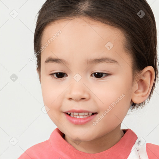 Joyful white child female with medium  brown hair and brown eyes